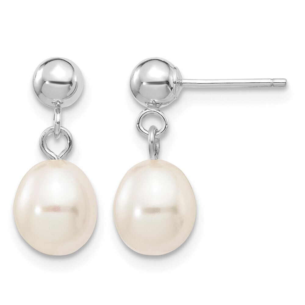 14k White Gold 6-7mm White Rice Freshwater Cultured Pearl Dangle Post Earrings